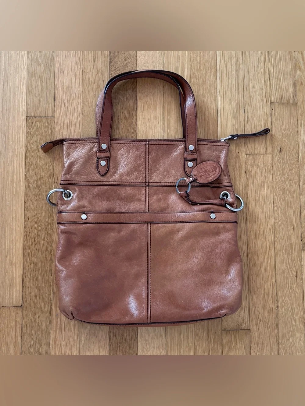 FOSSIL Vintage Brown Leather Shoulder Bag Large Tote Purse Y2K Utility Slouchy
